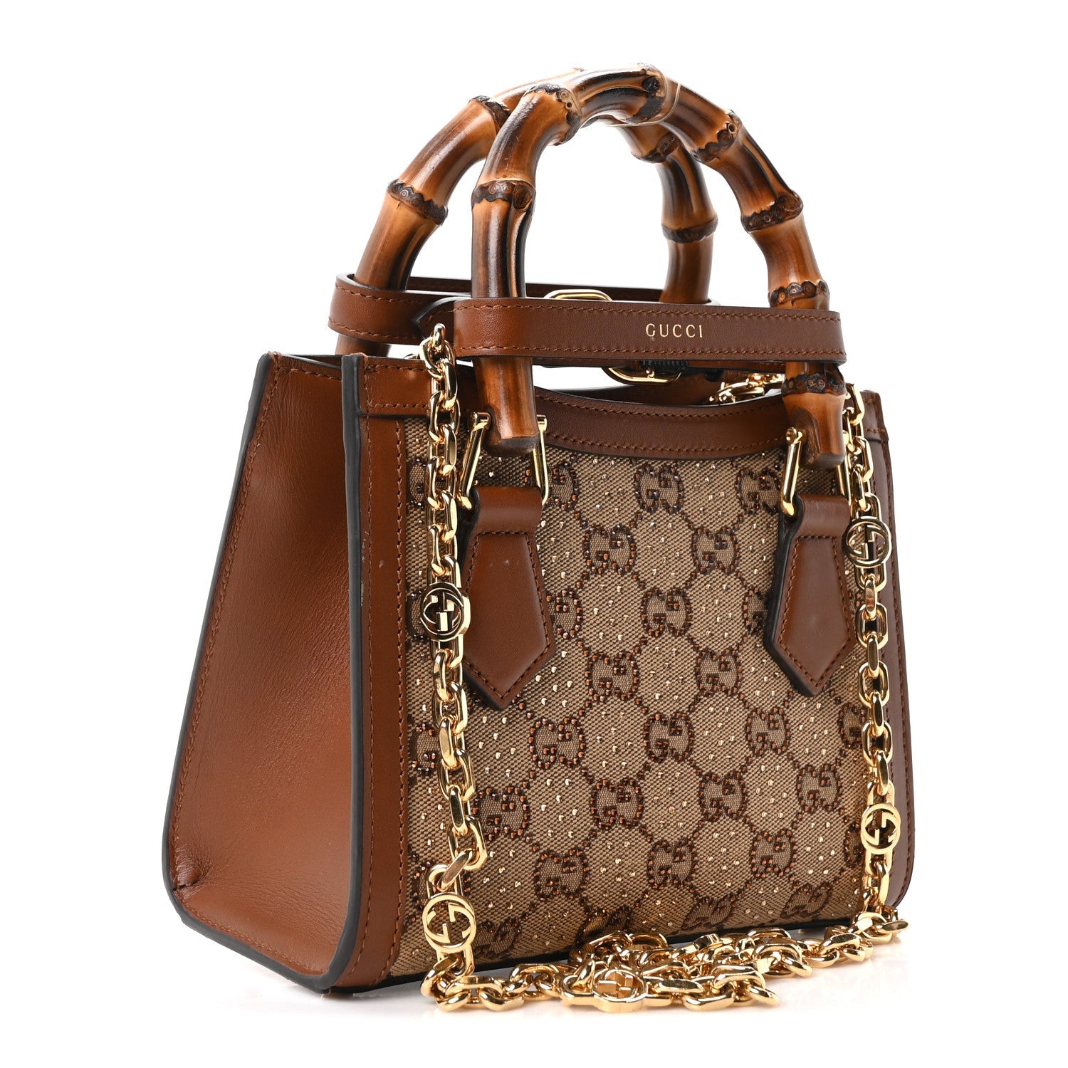 Gucci New Canvas Charisma Calfskin Crystal GG Monogram Mini Diana Tote Bag Camel Ebony