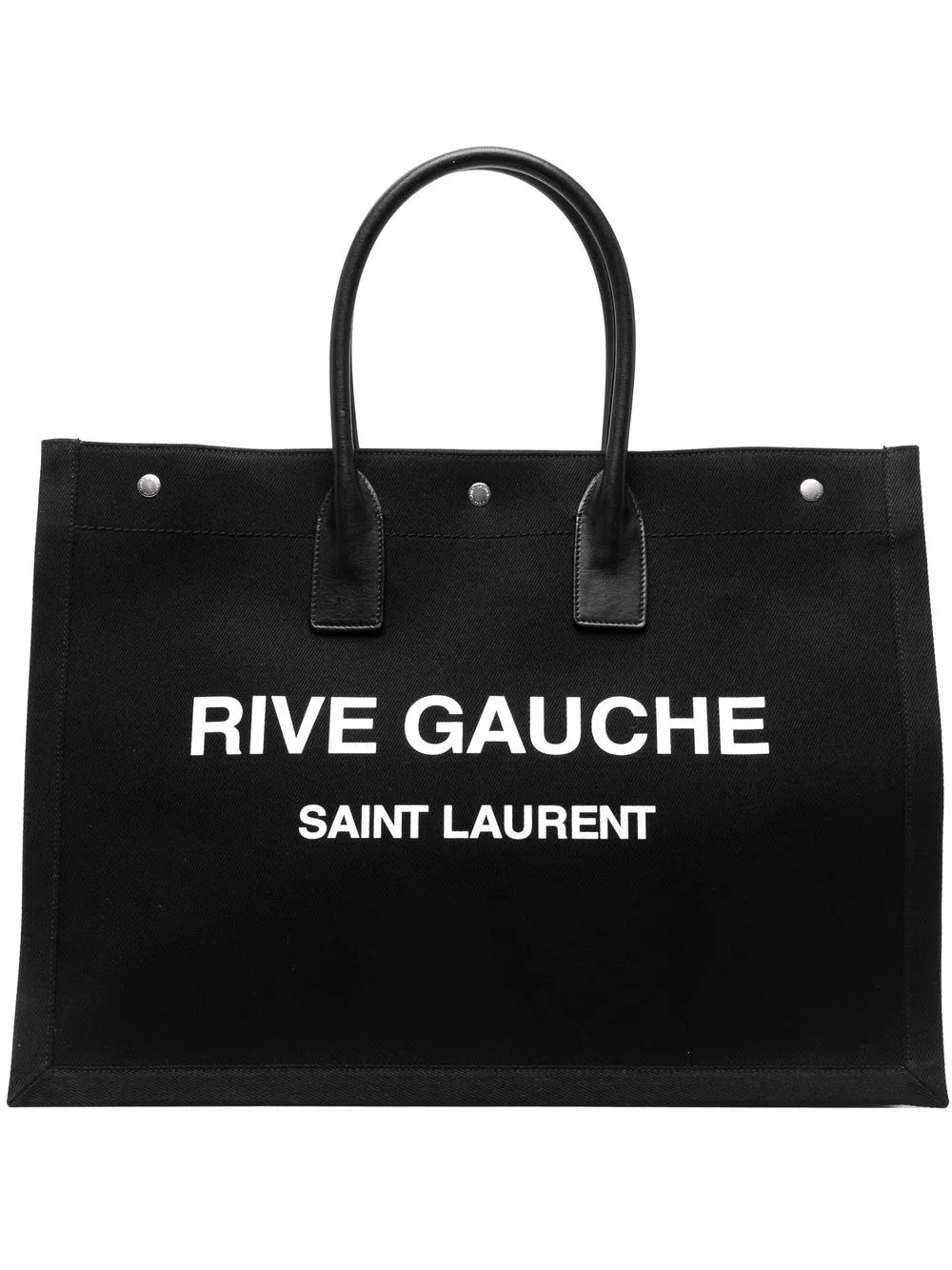 3/4 front view — Saint Laurent Rive Gauche Large Tote in black canvas with white logo print and black leather handles