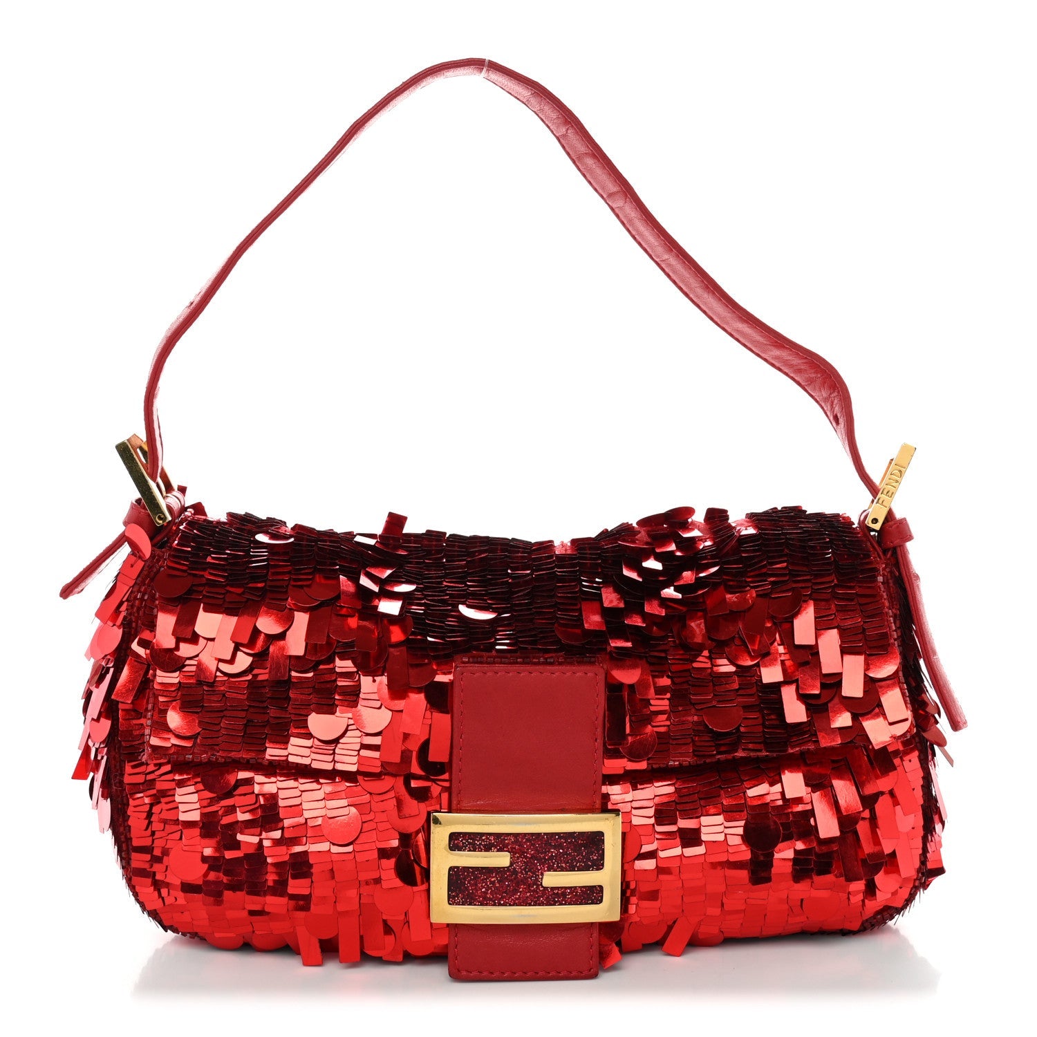 Fendi Sequin Paillettes Enamel Baguette Red