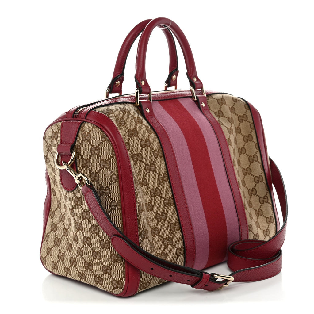 Gucci Monogram Cellarius Calfskin Vintage Web Medium Boston Beige Ebony Soft Burgundy Peonia Flower