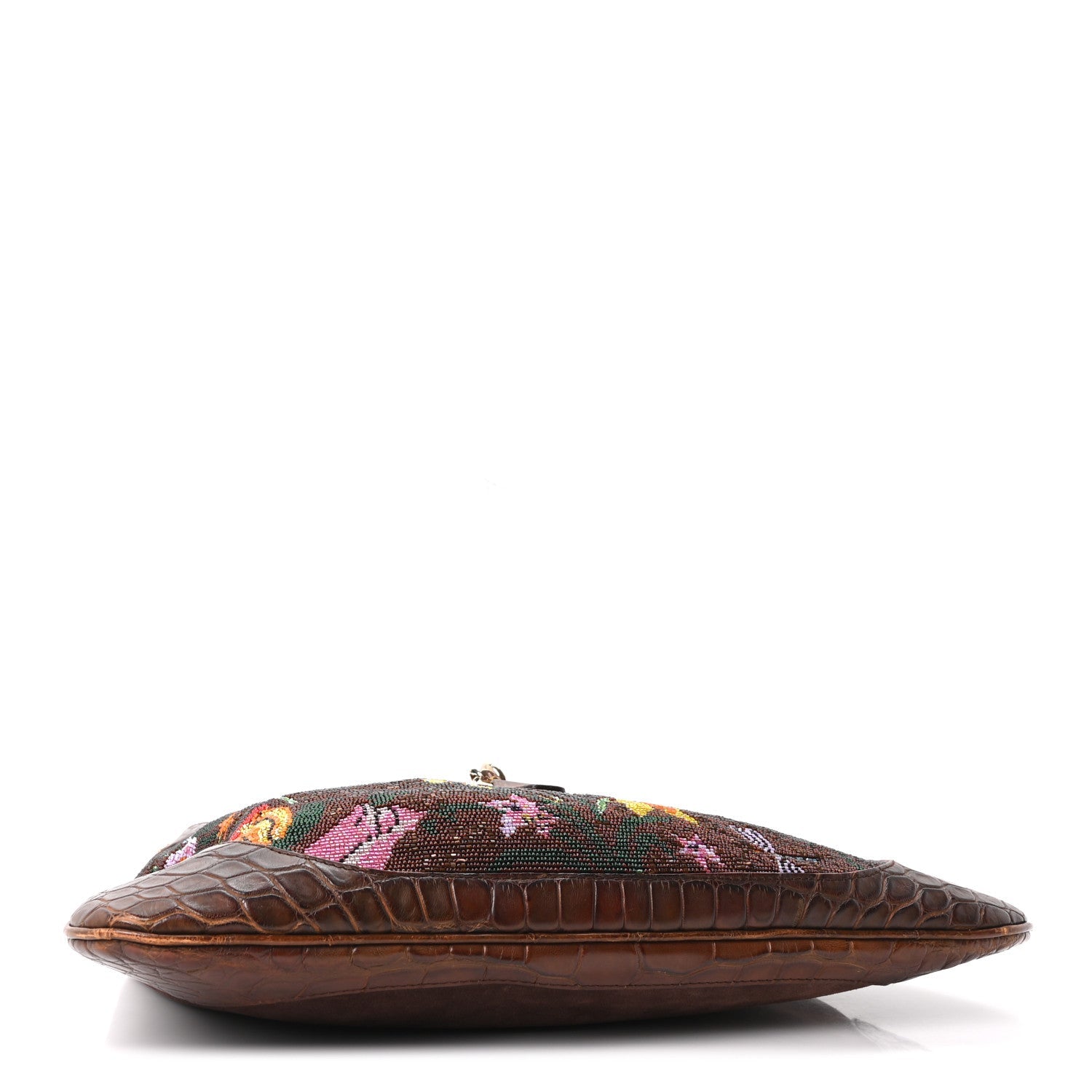 Gucci Crocodile Suede Beaded Floral Jackie Hobo Bag Brown