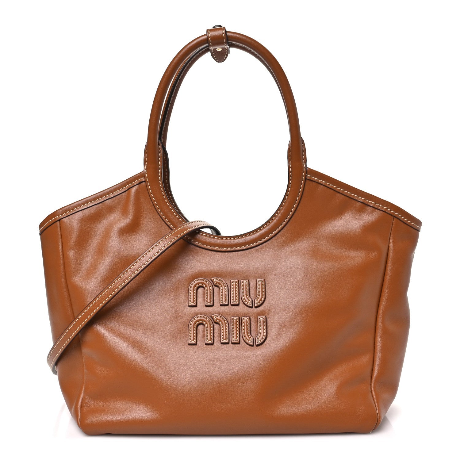 Miu Miu Soft Calf Softy Small Ivy Tote Bag Caramel front view