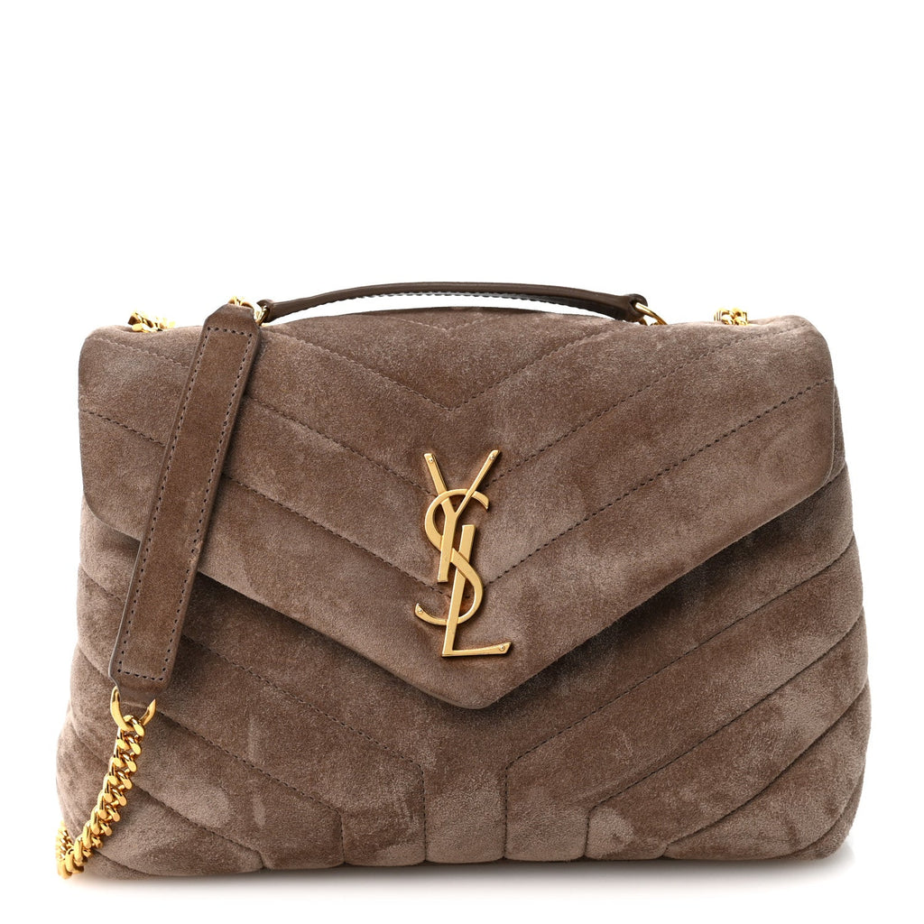 Saint Laurent Suede Calfskin Y Quilted Monogram Small Loulou Chain Satchel Taupe