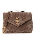 Saint Laurent Suede Calfskin Y Quilted Monogram Small Loulou Chain Satchel Taupe