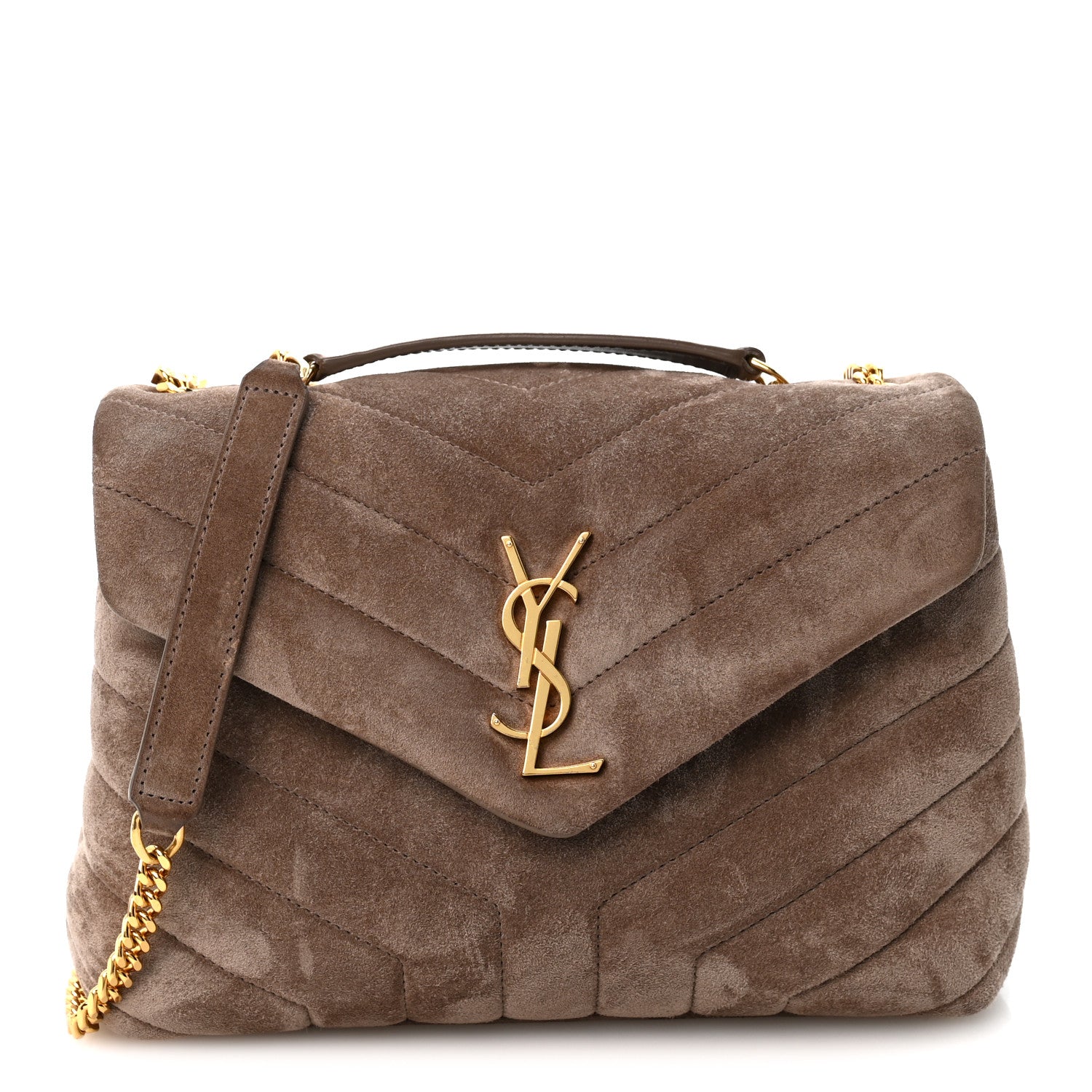 Saint Laurent Suede Calfskin Y Quilted Monogram Small Loulou Chain Satchel Taupe
