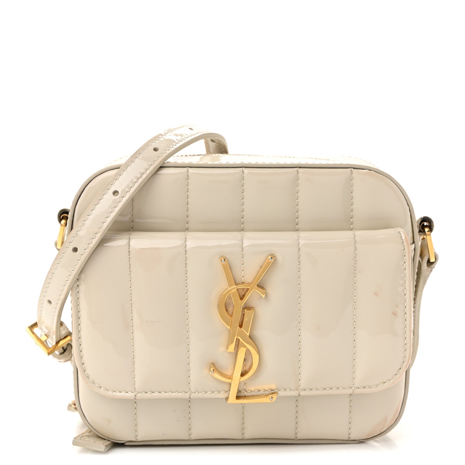 Saint Laurent Patent Matelasse Monogram Toy Vicky Camera Bag Off White