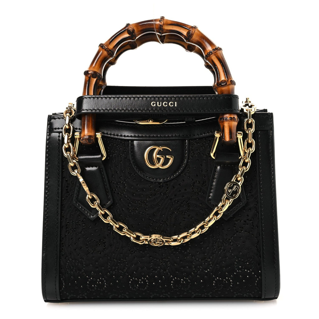 Gucci New Canvas Charisma Calfskin Crystal GG Monogram Mini Diana Tote Black
