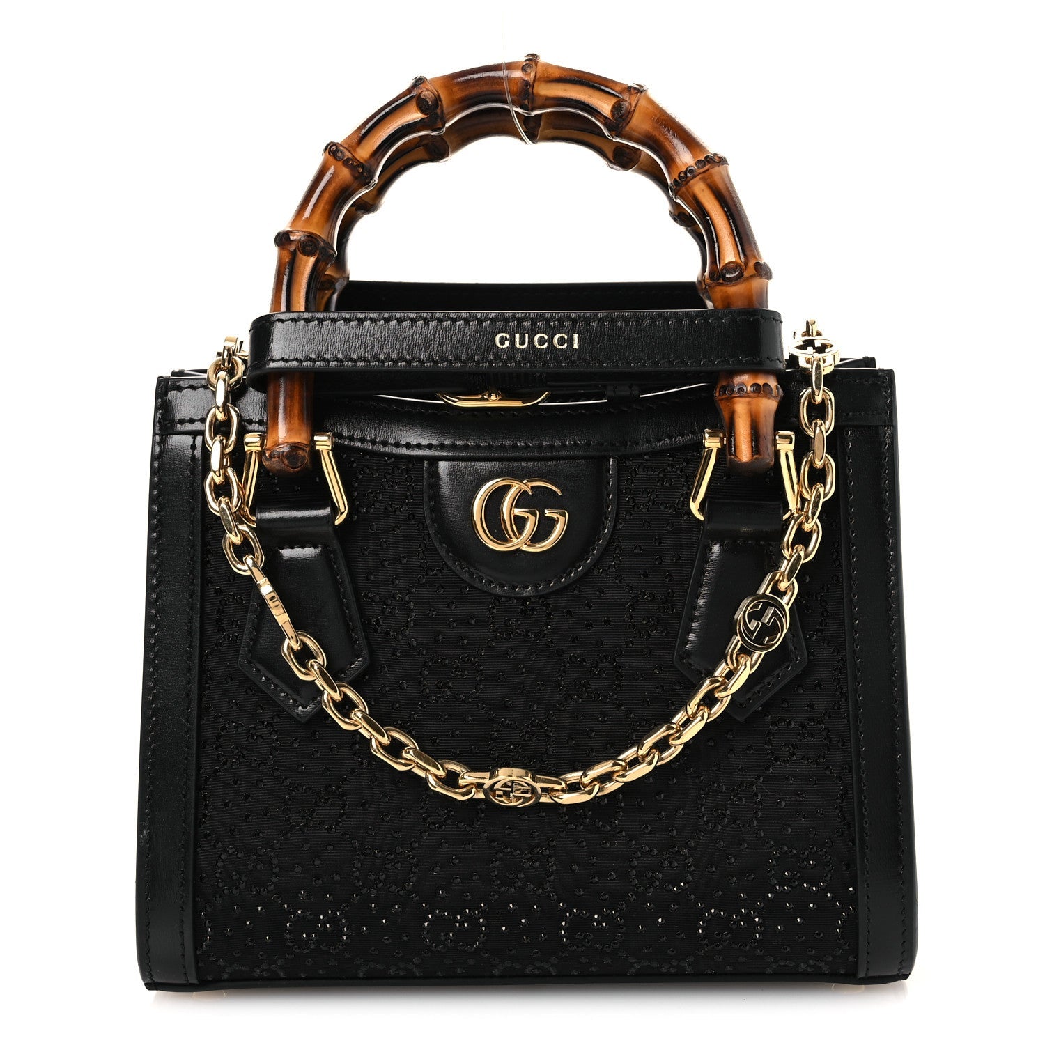 Gucci New Canvas Charisma Calfskin Crystal GG Monogram Mini Diana Tote Black