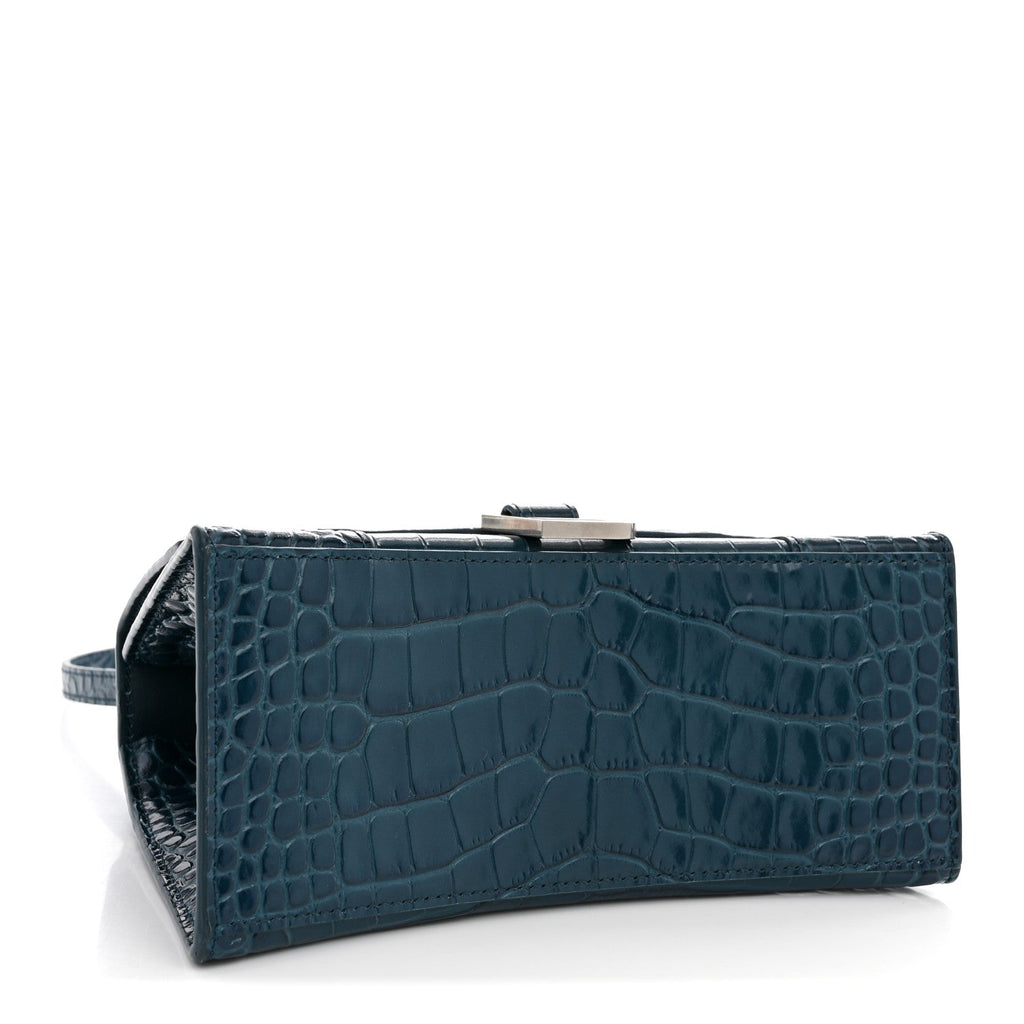 Balenciaga Shiny Calfskin Crocodile Embossed Small Hourglass Top Handle Bag Dark Petrol Blue