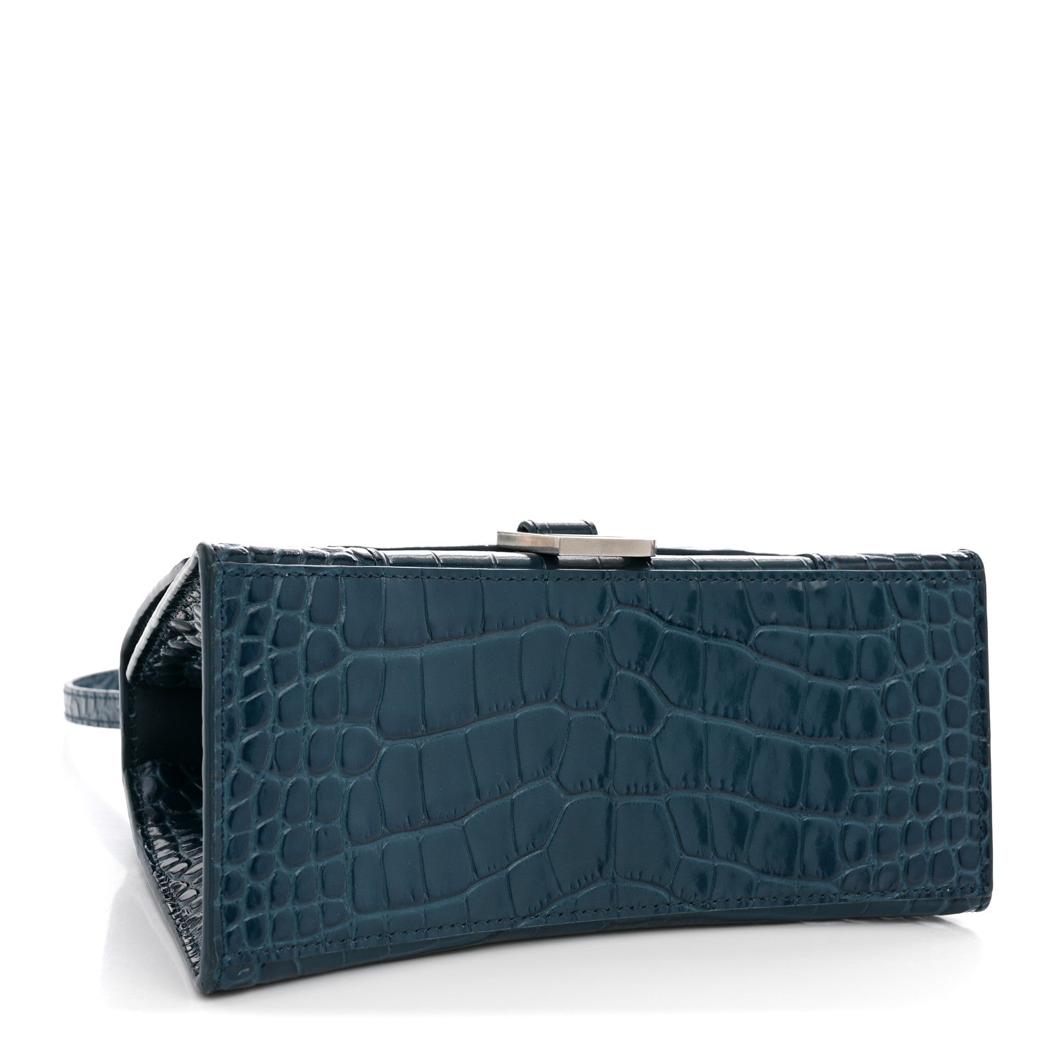 Balenciaga Shiny Calfskin Crocodile Embossed Small Hourglass Top Handle Bag Dark Petrol Blue