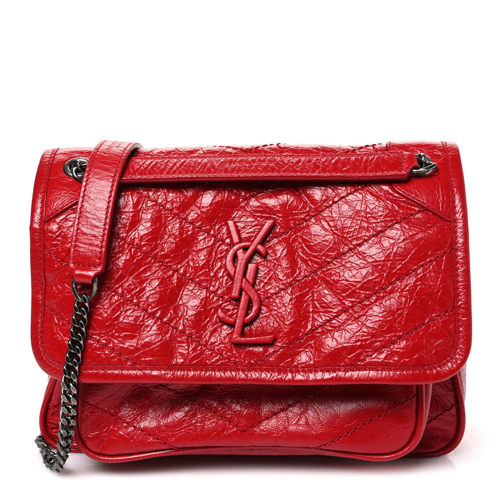 Saint Laurent Crinkled Calfskin Matelasse Monogram Baby Niki Chain Satchel Rouge Eros