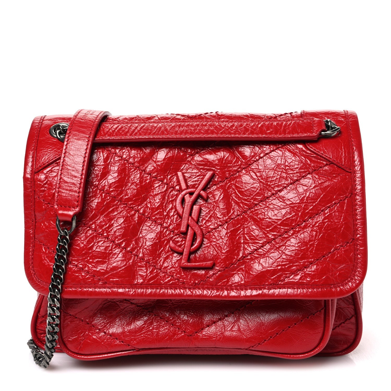 Saint Laurent Crinkled Calfskin Matelasse Monogram Baby Niki Chain Satchel Rouge Eros