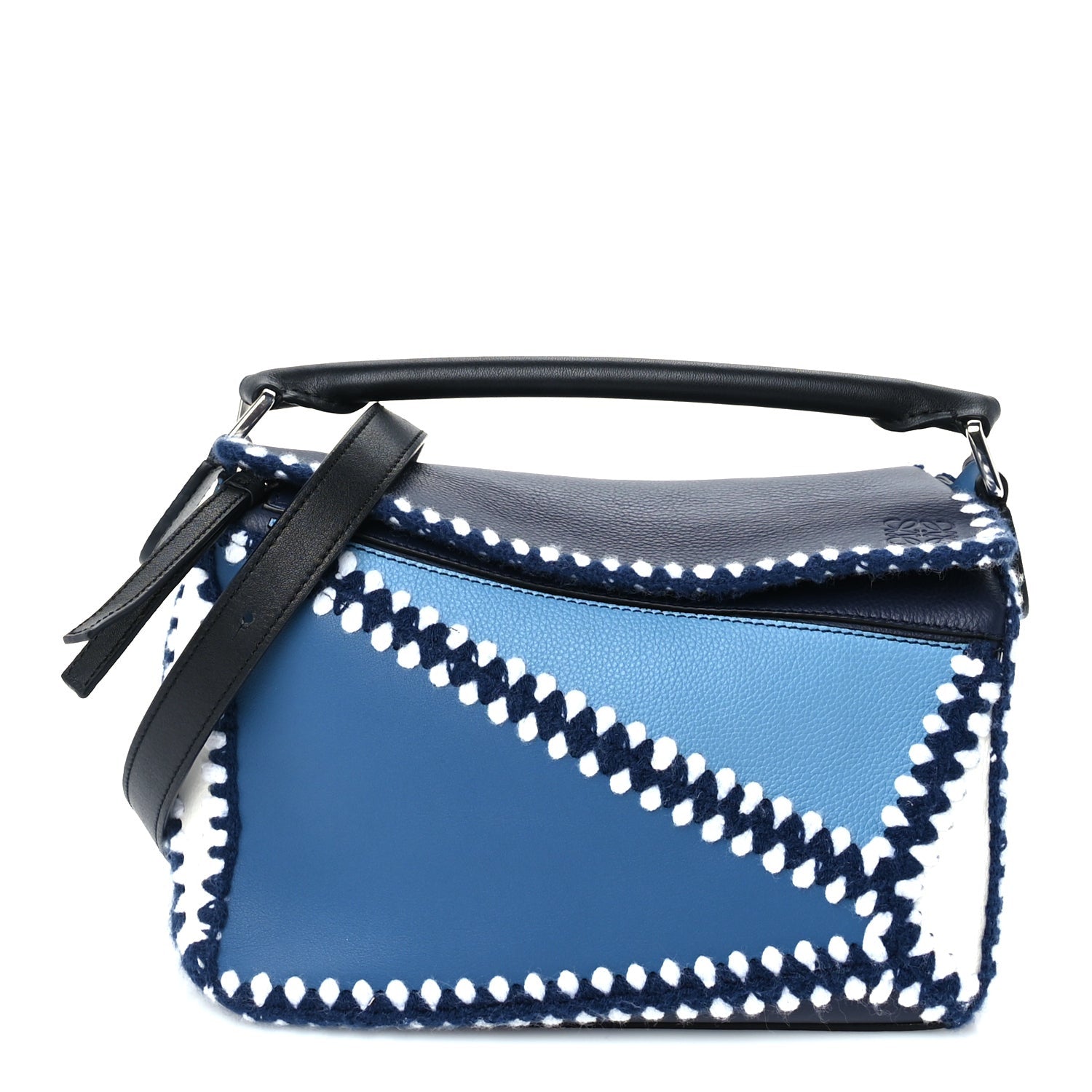 Loewe Calfskin Crochet Trim Small Puzzle Bag Blue White front view