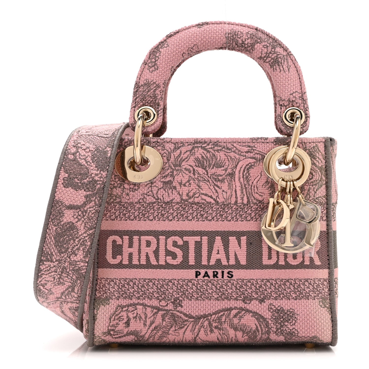 Dior Canvas Toile De Jouy Embroidered Mini Lady D-Lite Gray Pink
