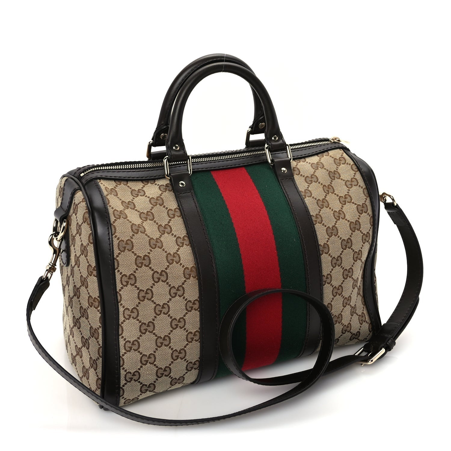 Gucci Monogram Vintage Web Medium Boston Dark Brown