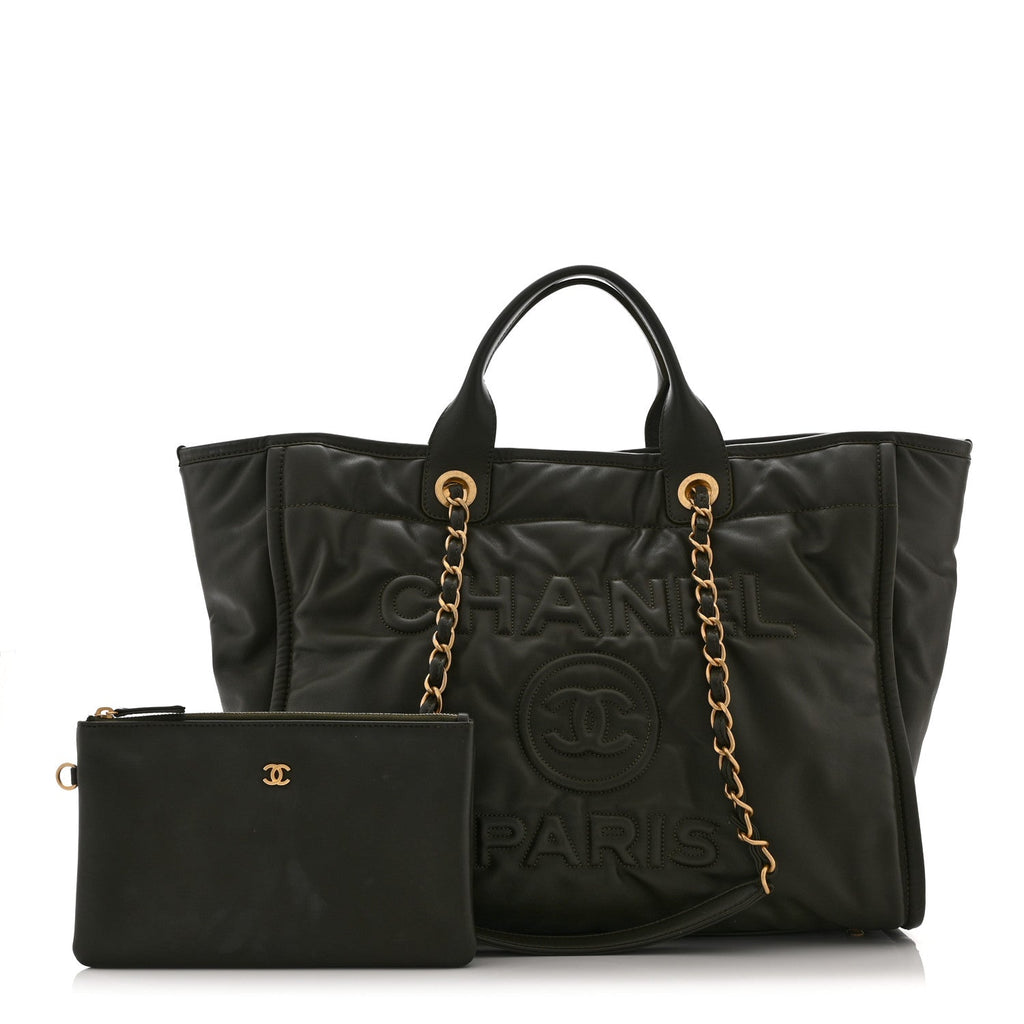 Chanel Calfskin Embossed Medium Deauville Tote Khaki