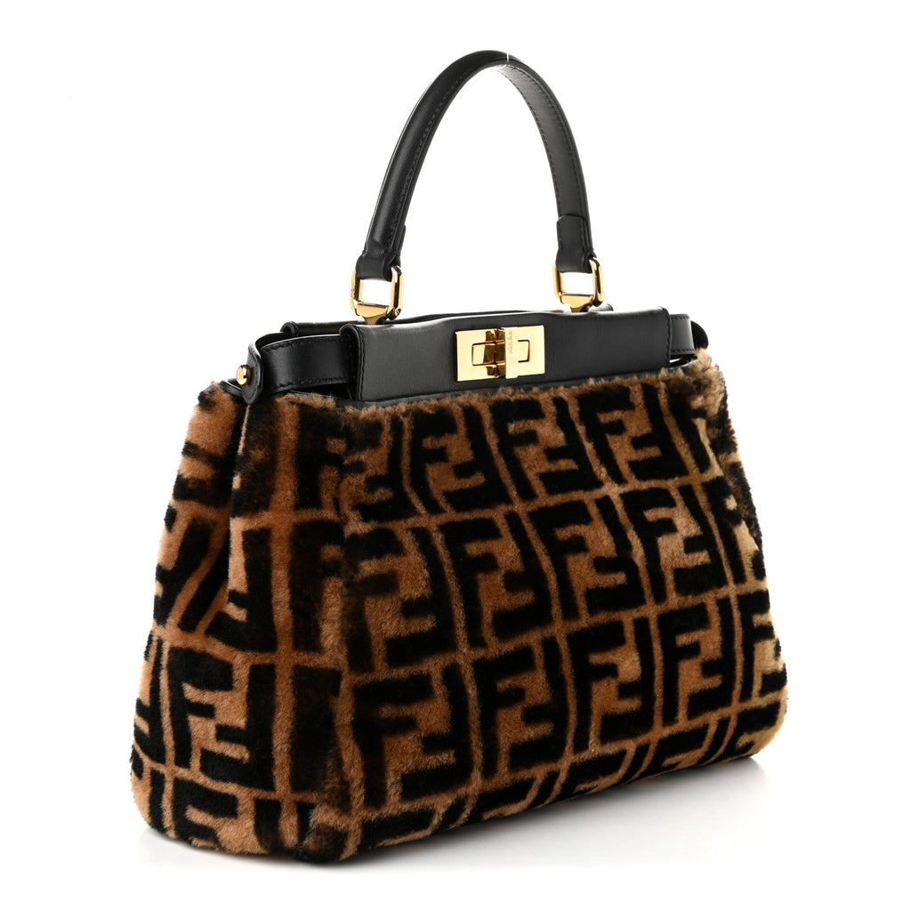 Fendi Shearling Vitello Vernice Mou Pequin Striped Medium Peekaboo Iconic Satchel Tobacco Black