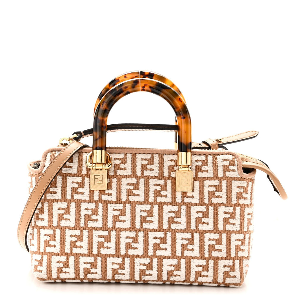 Fendi Raffia Chenille Vitello King Plexiglass Micro FF Mini By The Way Top Handle Boston Bag Naturale White