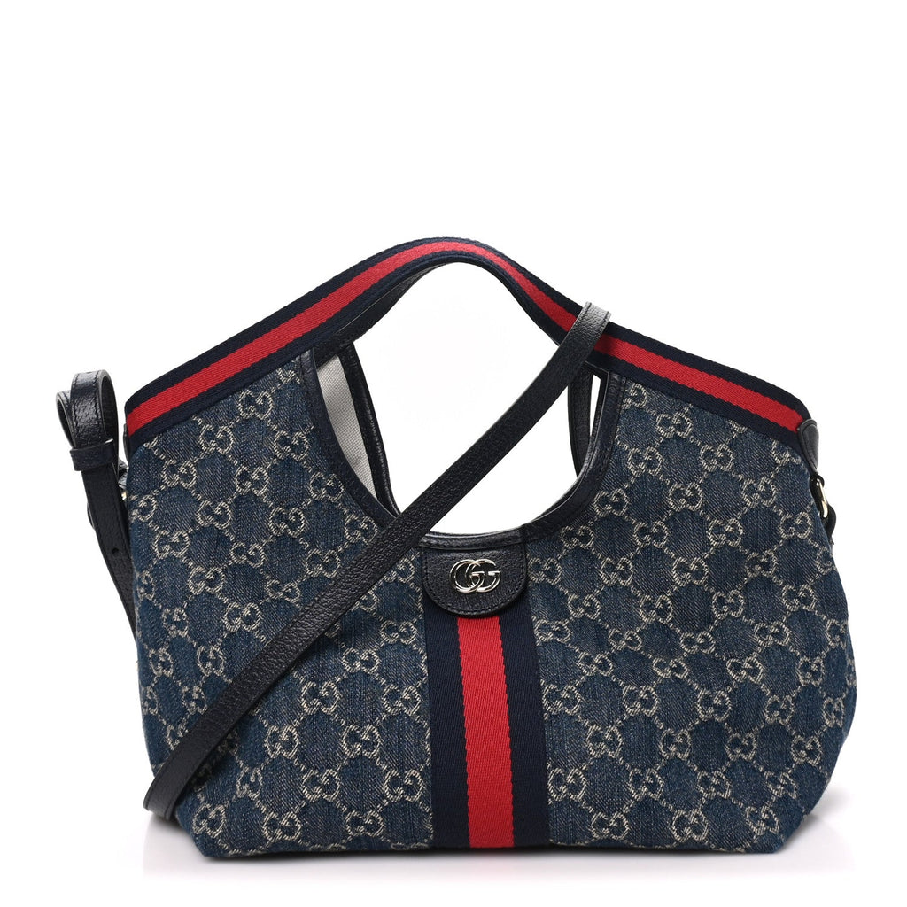Gucci Denim GG Monogram Web Small Giglio Tote Blue White