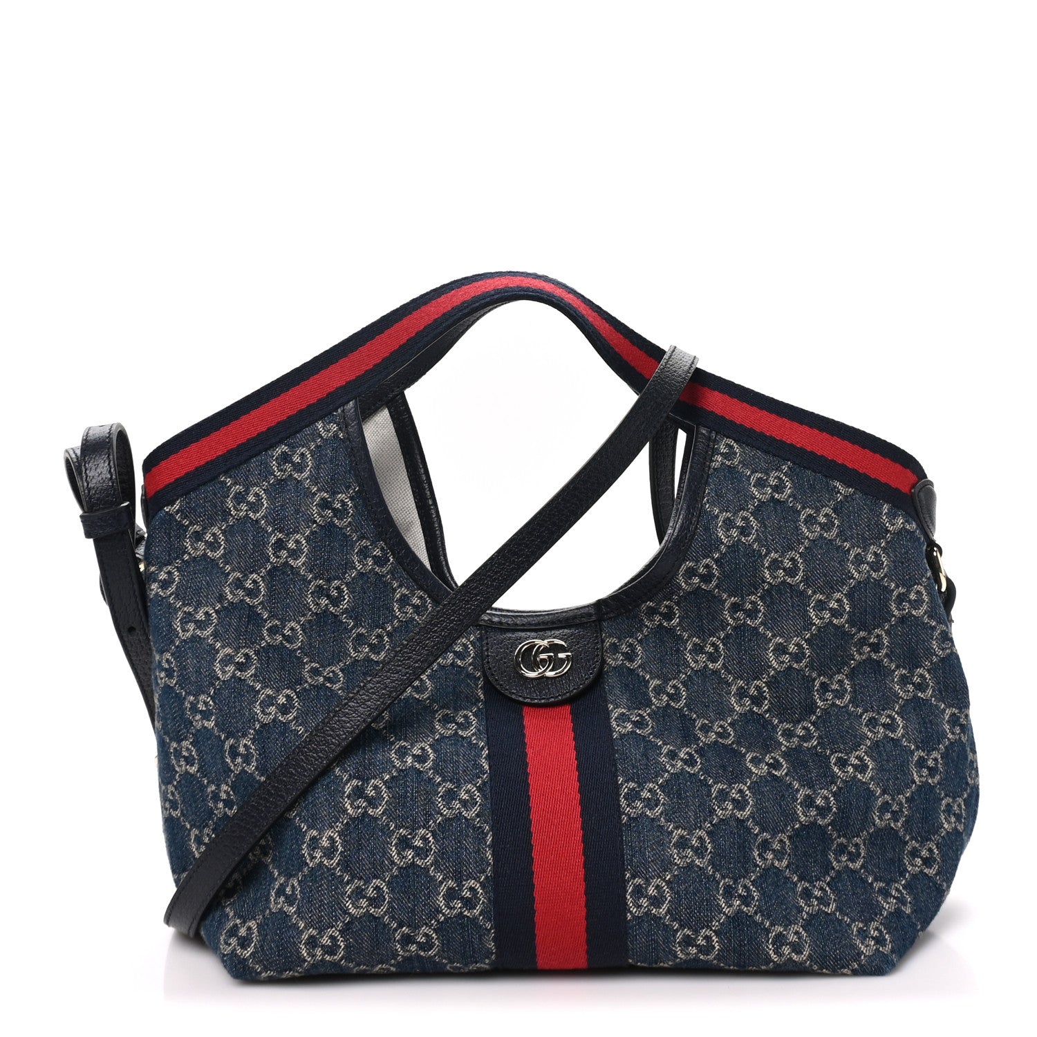 Gucci Denim GG Monogram Web Small Giglio Tote Blue White