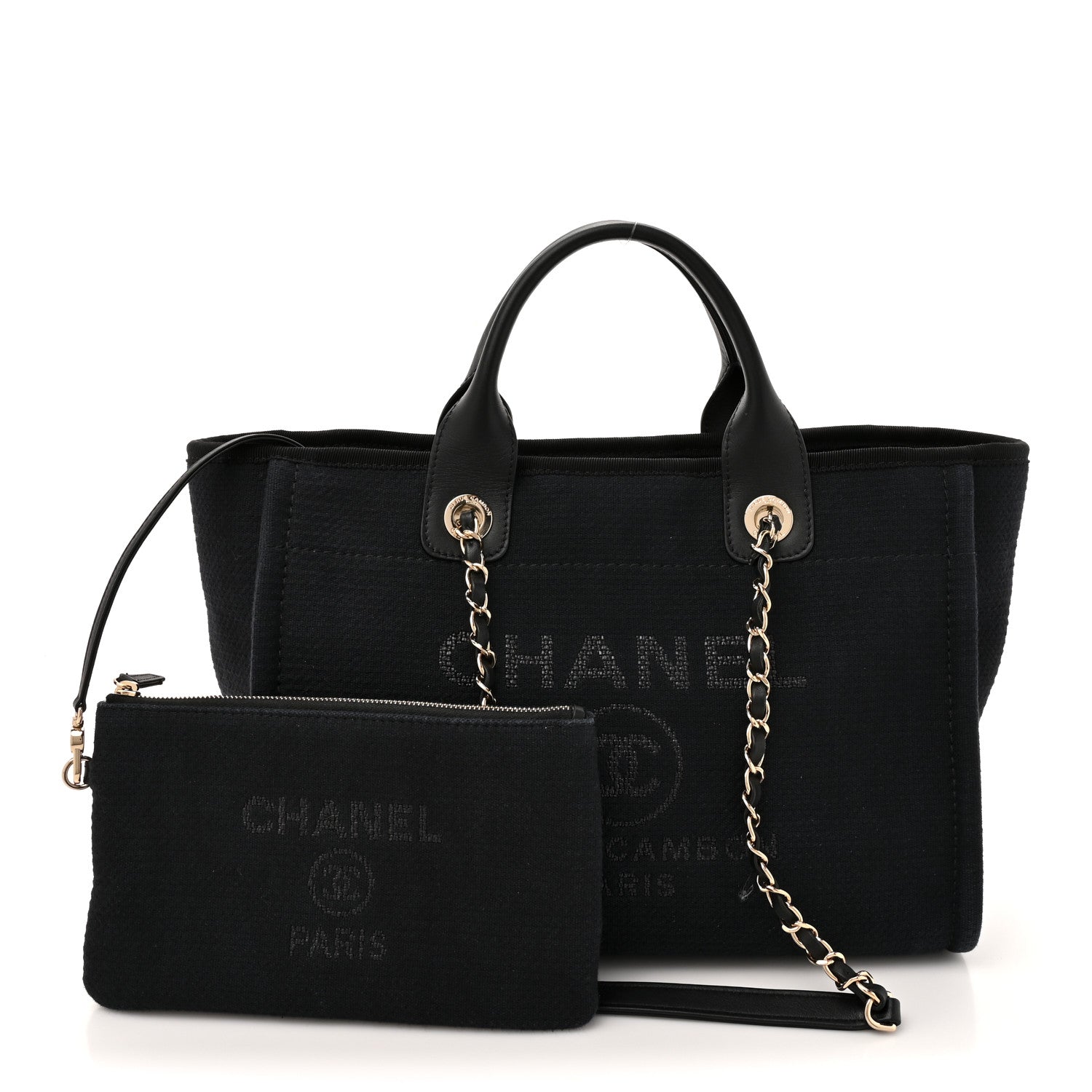 CHANEL Small Deauville Tote Black Canvas - Front View with Pouch