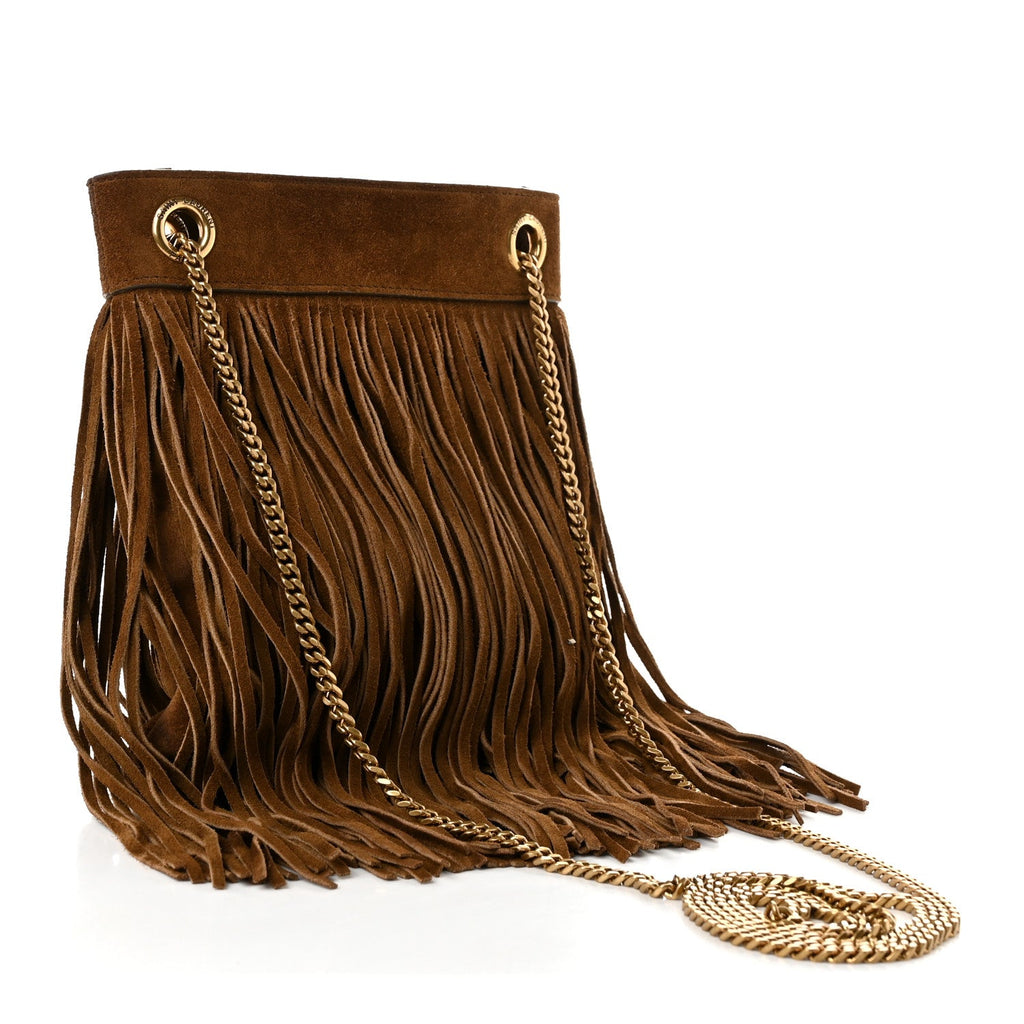Saint Laurent Suede Calfskin Small Grace Fringed Hobo Bag Light Ocre