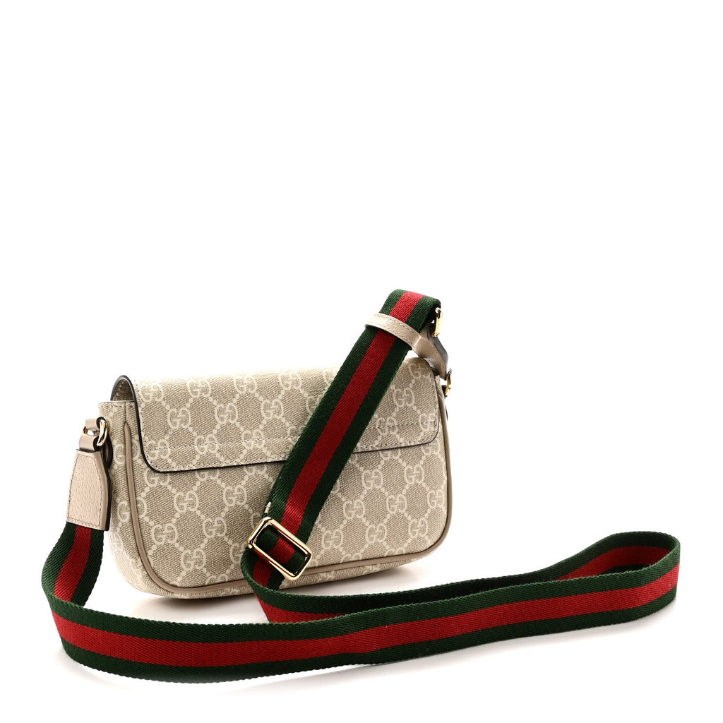 Gucci GG Supreme Monogram Textured Dollar Calfskin Web Mini Ophidia Envelope Shoulder Bag Beige Mystic White Oatmeal