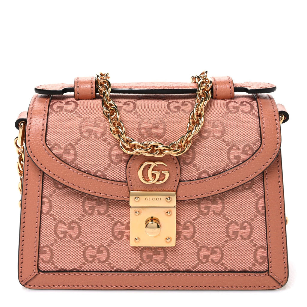 Gucci GG Monogram Textured Dollar Calfskin Mini Ophidia Padlock Top Handle Chain Shoulder Bag Cloche Rose Pink