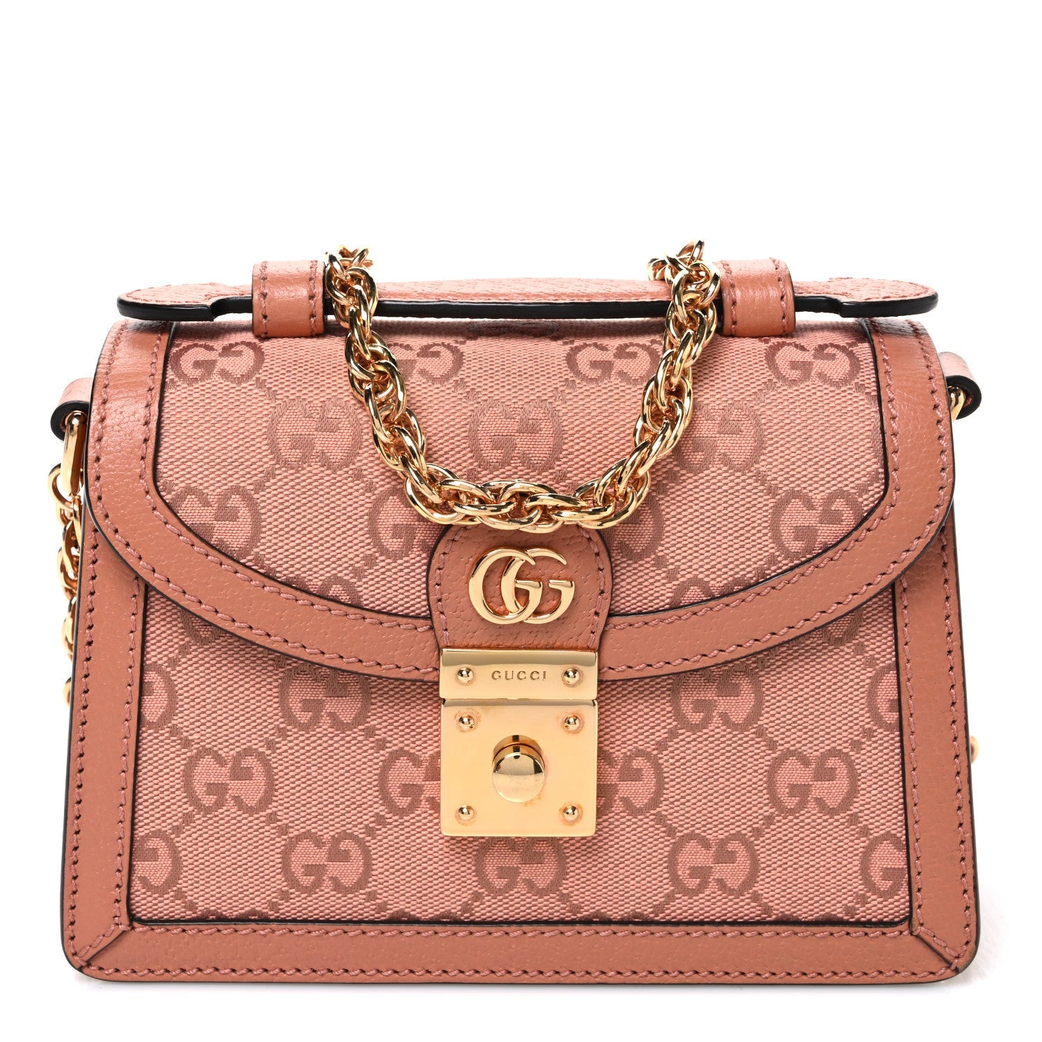 Gucci GG Monogram Textured Dollar Calfskin Mini Ophidia Padlock Top Handle Chain Shoulder Bag Cloche Rose Pink