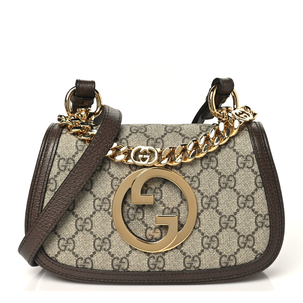 Gucci GG Supreme Monogram Textured Dollar Calfskin Mini Blondie Chain Shoulder Flap Bag Beige Ebony New Acero