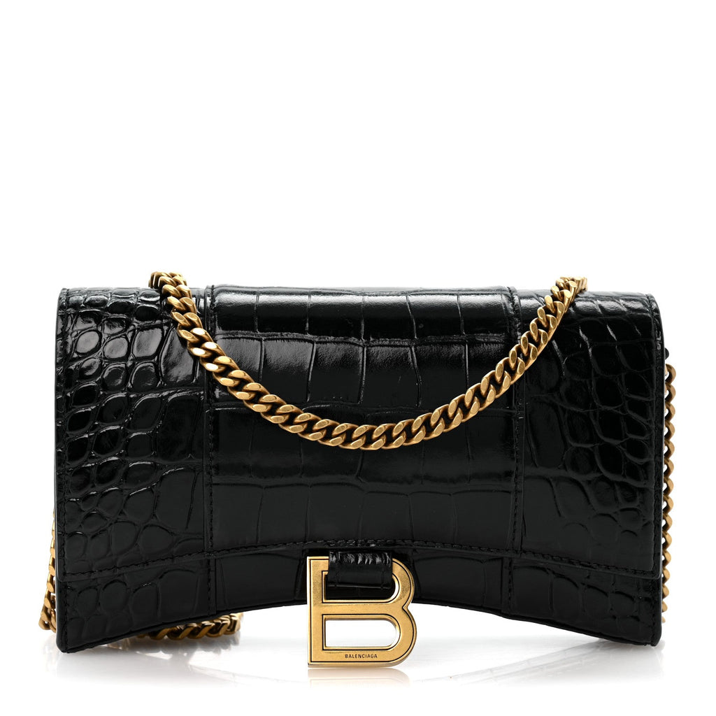Balenciaga Shiny Calfskin Crocodile Embossed Hourglass Chain Bag Black
