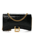 Balenciaga Shiny Calfskin Crocodile Embossed Hourglass Chain Bag Black