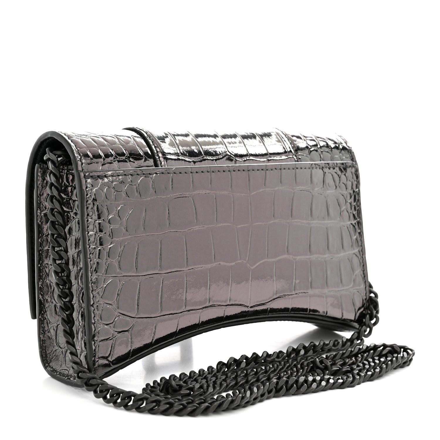 Balenciaga Shiny Metallic Calfskin Crocodile Embossed Hourglass Chain Bag Gunmetal