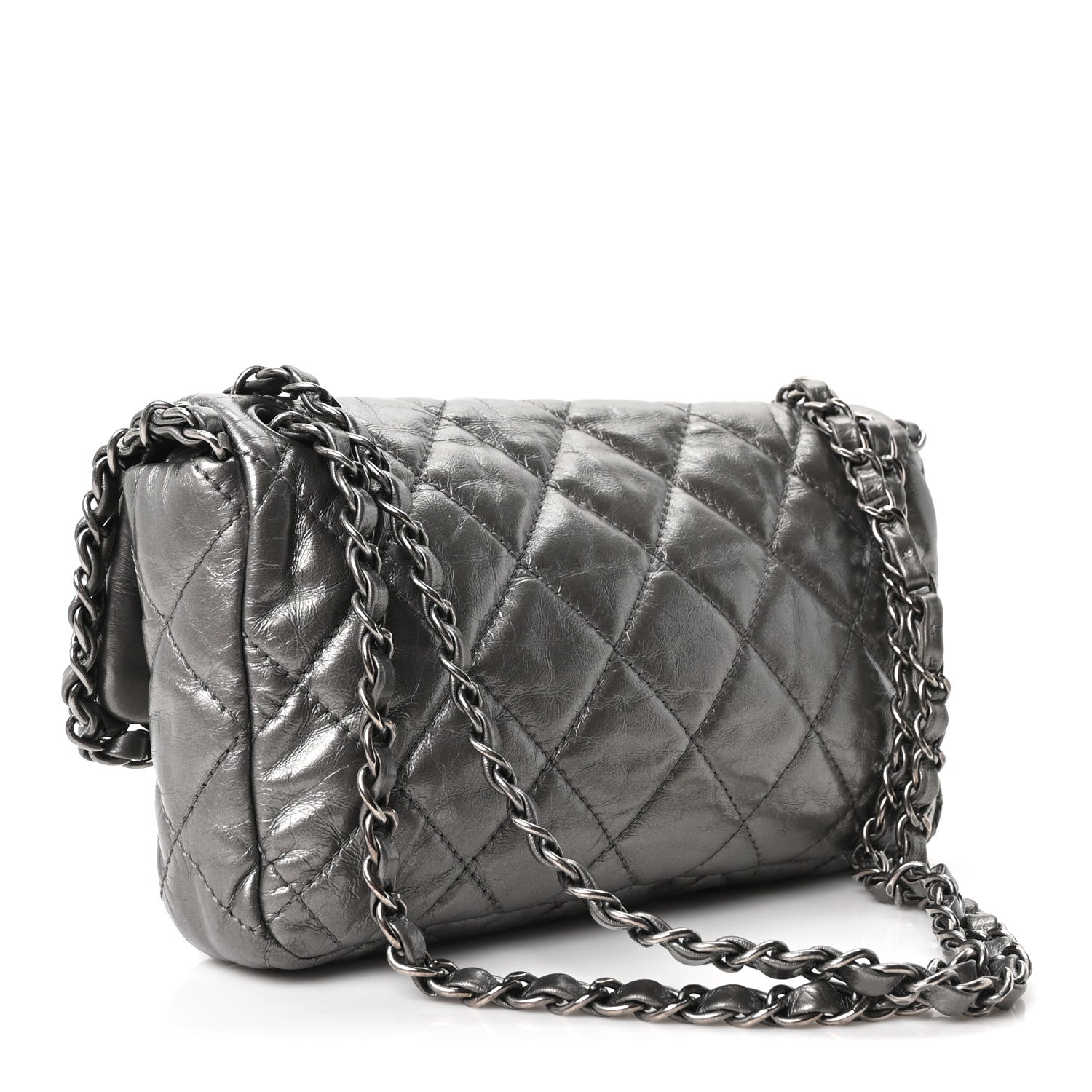 Chanel Metallic Calfskin Quilted Medium Chain Me Flap Grey
