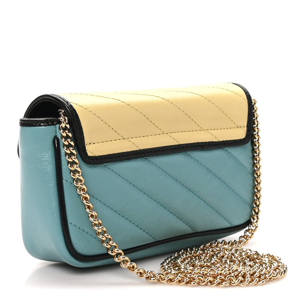 Gucci Azalea Calfskin Enamel Matelasse Diagonal Super Mini Torchon GG Marmont Shoulder Bag Butter Dusty Azure Black Electric Blue