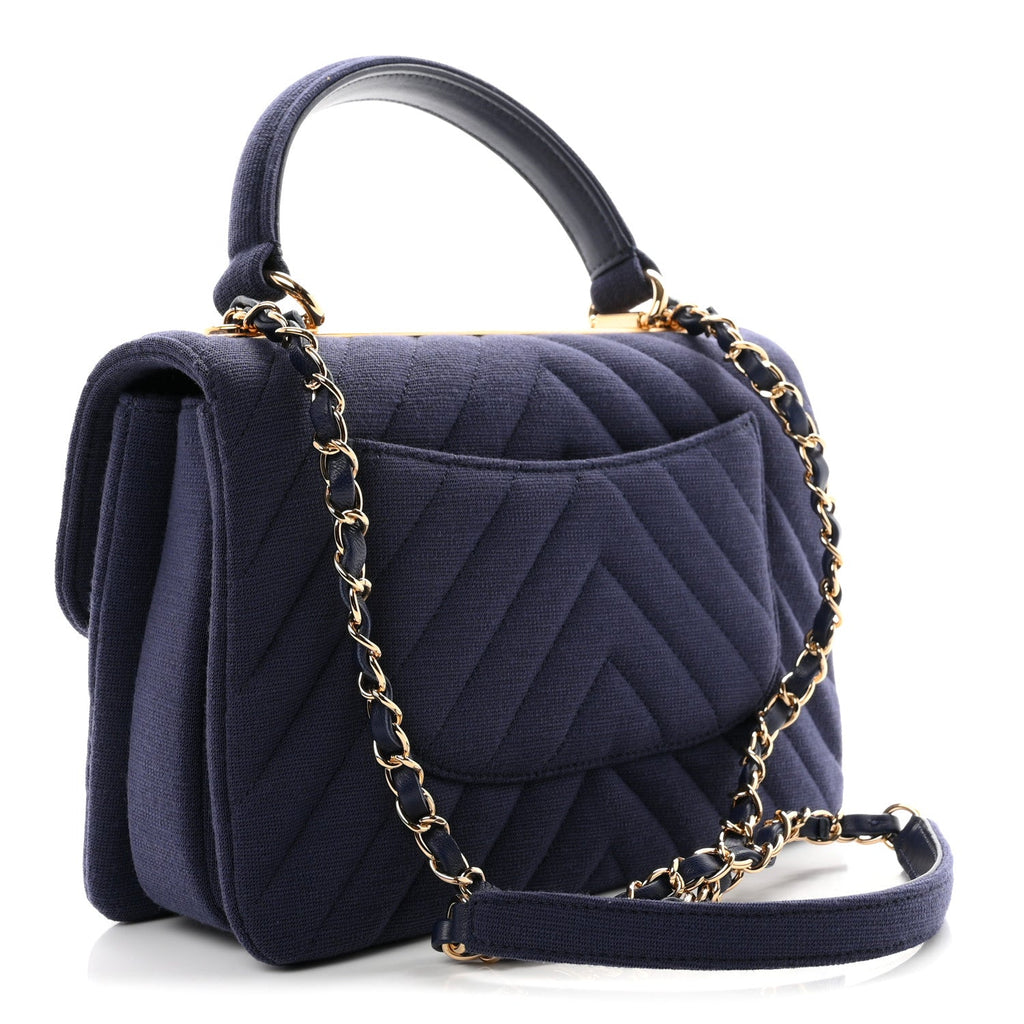 Chanel Jersey Chevron Quilted Small Trendy CC Dual Handle Flap Bag Navy Blue