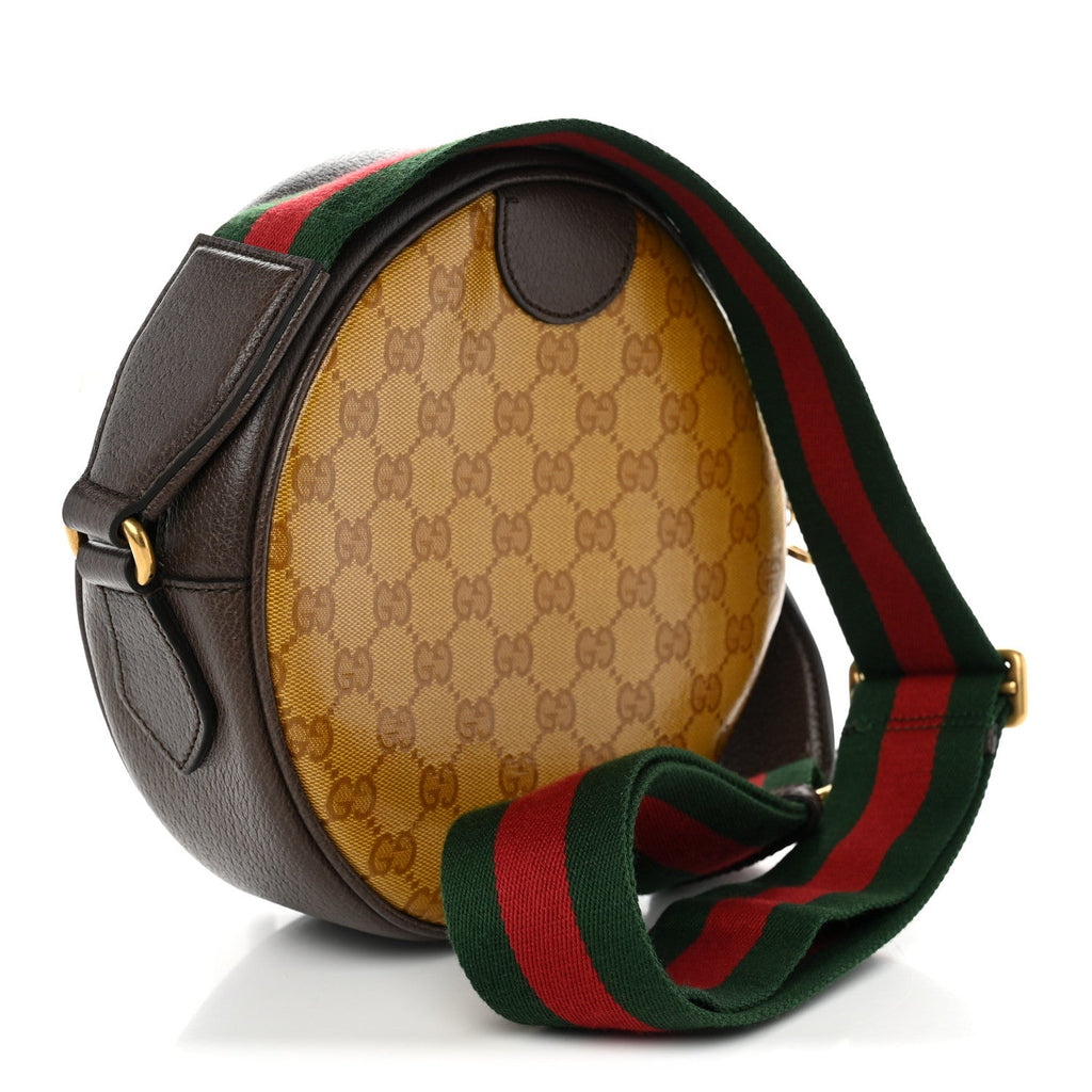 Gucci X ADIDAS Crystal Vintage Monogram Textured Dollar Calfskin Web Trefoil Small Ophidia Round Shoulder Bag Mid Natural Nut Off White New Acero