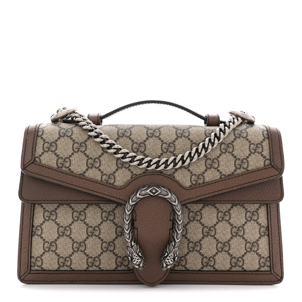 Gucci GG Supreme Monogram Textured Dollar Calfskin Top Handle Dionysus Shoulder Bag Beige Ebony New Acero