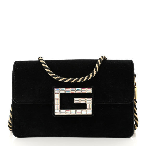 Gucci Velvet Crystal Square G Shoulder Bag Black