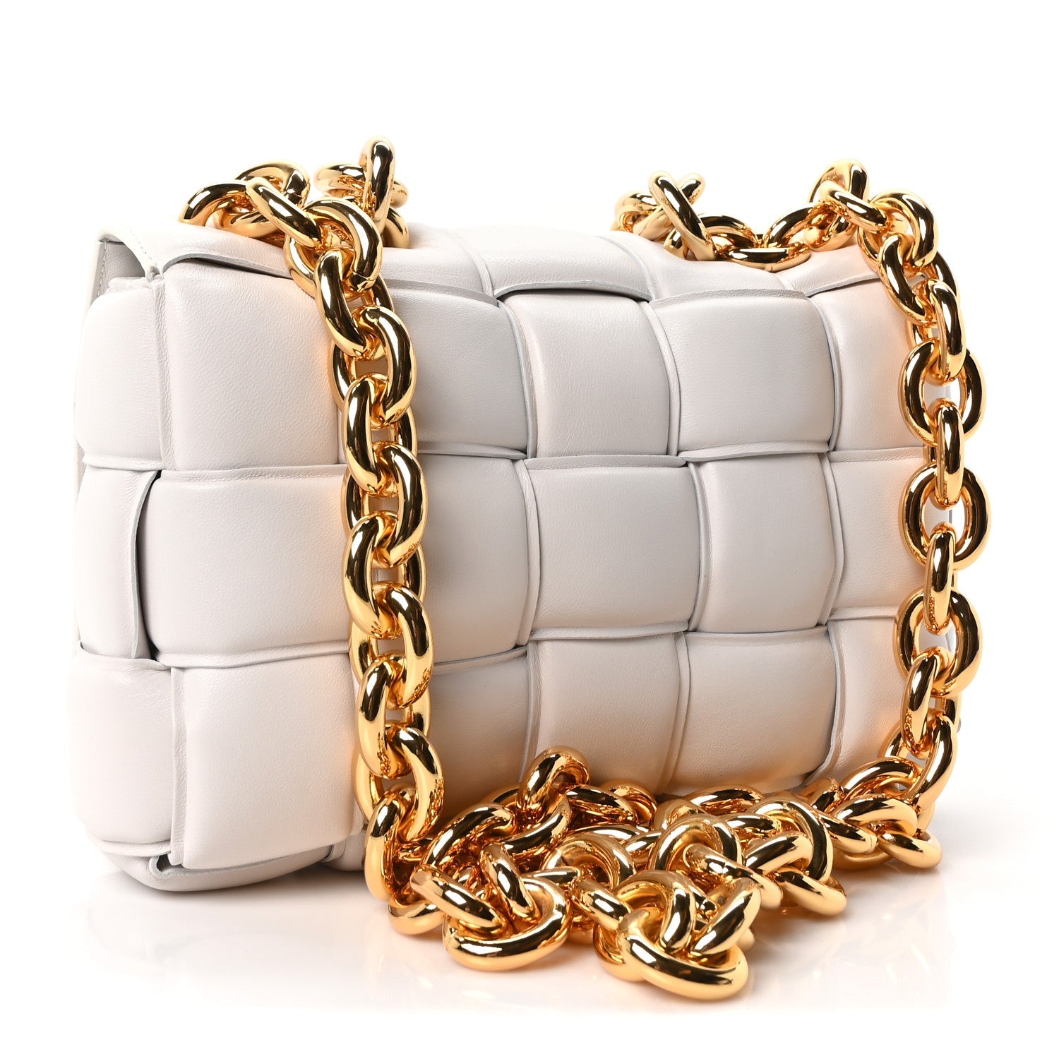 Bottega Veneta Lambskin Maxi Intreccio Padded Chain Cassette Crossbody Bag White