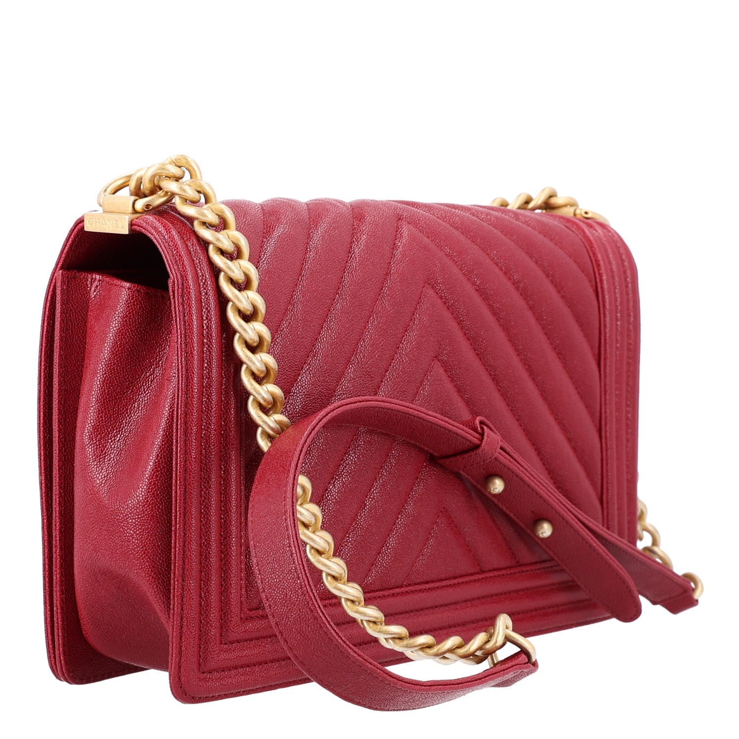Chanel Caviar Chevron Quilted Medium Boy Flap Red
