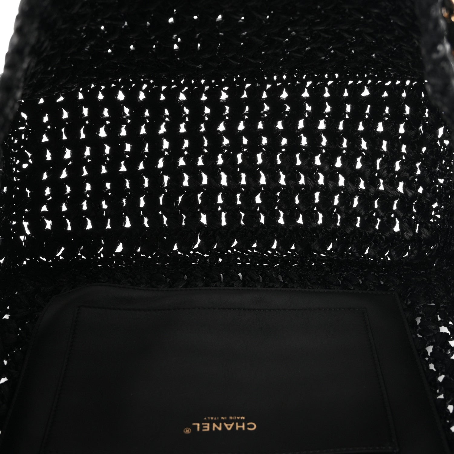 Chanel Raffia Effect Calfskin Coco Beach Shopping Tote Black