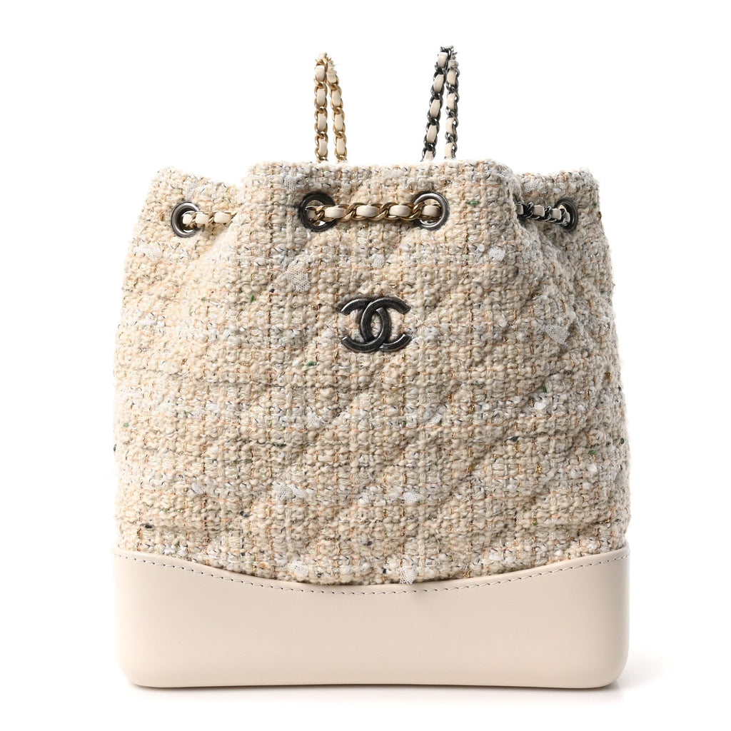 Chanel Tweed Calfskin Quilted Gabrielle Backpack Ivory