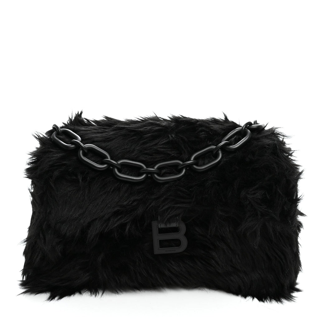 Balenciaga Faux Fur Small Downtown Shoulder Bag Black