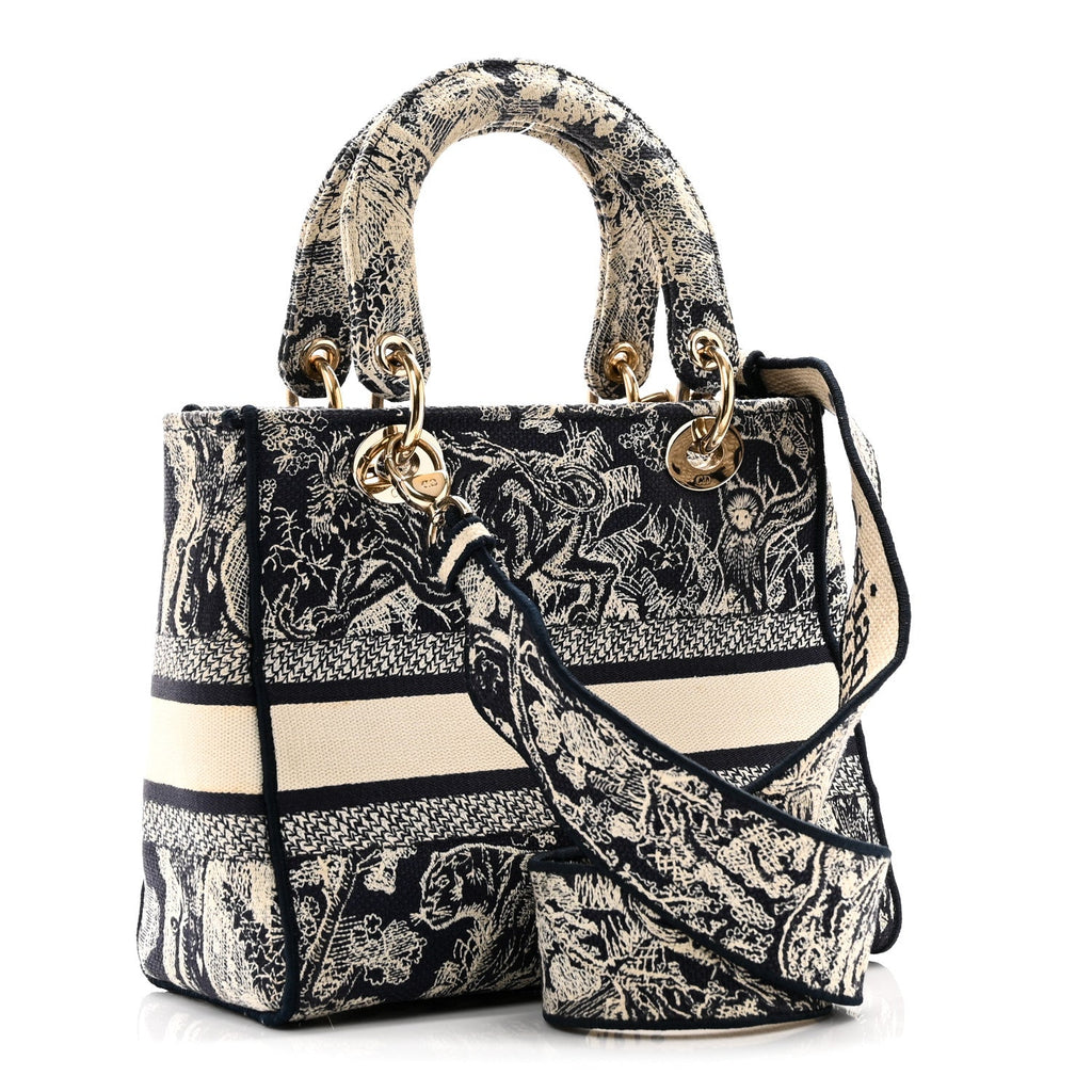 Dior Canvas Toile De Jouy Embroidered Medium Lady D-Lite Navy
