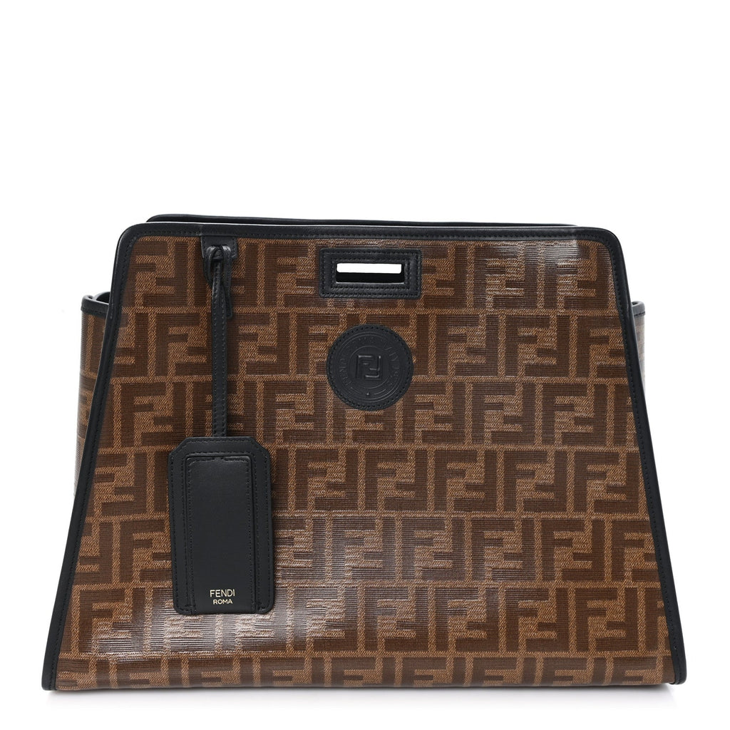 Fendi Glazed Fabric Vitello Century FF 1974 Stamp Patch Medium Peekaboo Defender Cover Mogano Panna Black