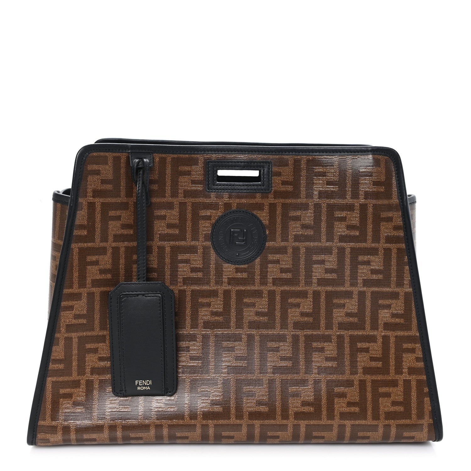 Fendi Glazed Fabric Vitello Century FF 1974 Stamp Patch Medium Peekaboo Defender Cover Mogano Panna Black
