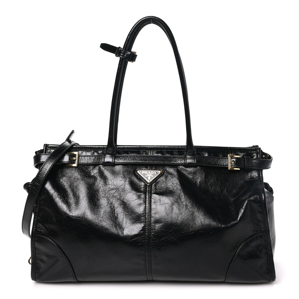 Prada Glossy Calfskin Triangle Large Bonnie Shoulder Bag Black