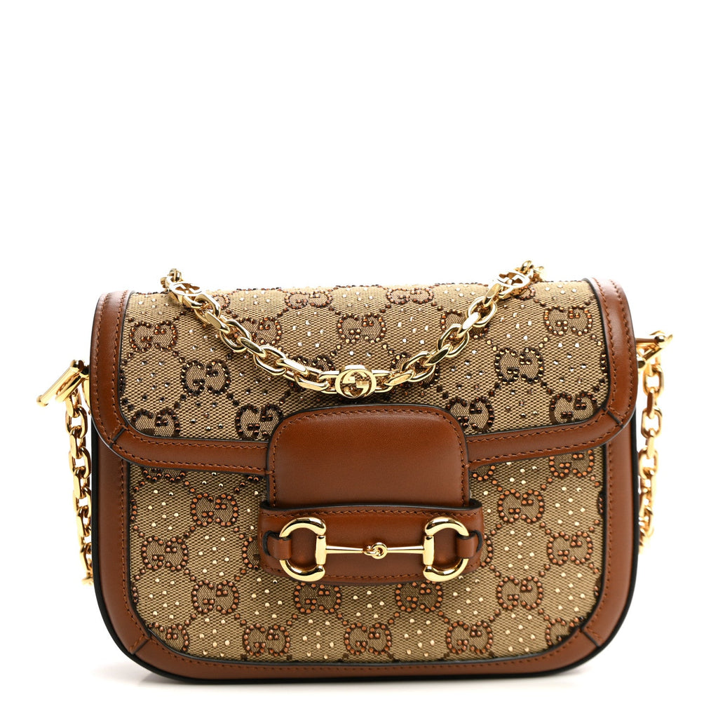 Gucci New Canvas Charisma Calfskin Crystal GG Monogram Mini Horsebit 1955 Shoulder Bag Camel Ebony
