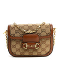 Gucci New Canvas Charisma Calfskin Crystal GG Monogram Mini Horsebit 1955 Shoulder Bag Camel Ebony